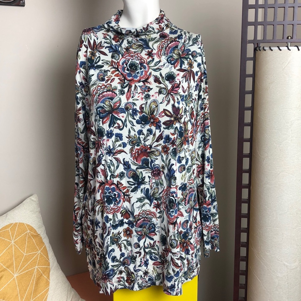 A Mtl 1980 Floral Print Mock Neck Long Sleeve Jersey Top Size 1X